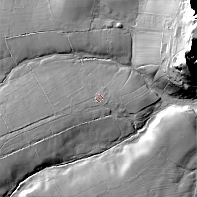 Shaded relief map of the ground around SK170HQ, computed from Environment Agency LiDAR. The ground here sits at about 223 m above sea level and falls 41 m across the surrounding 800 m. Surface water reaching this point runs off ground lying to the west-south-west, 17.7 m higher.