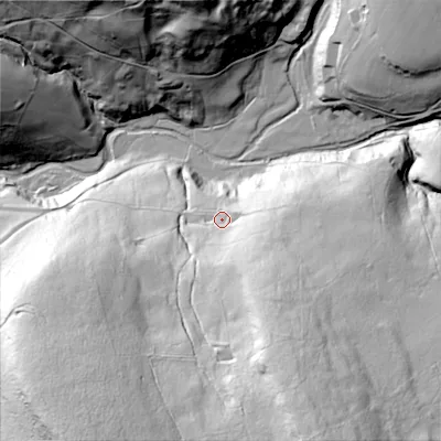 Shaded relief map of the ground around SK170SU, computed from Environment Agency LiDAR. The ground here sits at about 289 m above sea level and falls 109 m across the surrounding 800 m. Surface water reaching this point runs off ground lying to the south-south-east, 57.7 m higher.