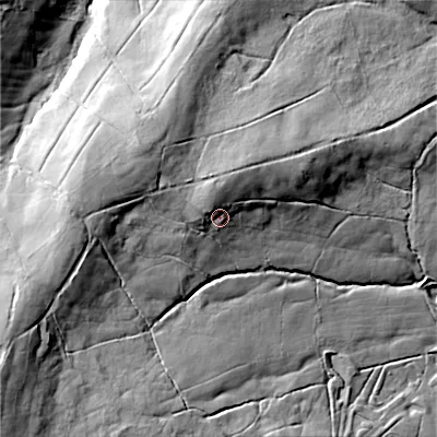 Shaded relief map of the ground around SK170TD, computed from Environment Agency LiDAR. The ground here sits at about 420 m above sea level and falls 79 m across the surrounding 800 m. Surface water reaching this point runs off ground lying to the north-west, 9.5 m higher.
