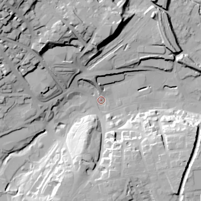 Shaded relief map of the ground around SK176AJ, computed from Environment Agency LiDAR. The ground here sits at about 290 m above sea level and falls 52 m across the surrounding 800 m. Surface water reaching this point runs off ground lying to the north-west, 47.7 m higher.