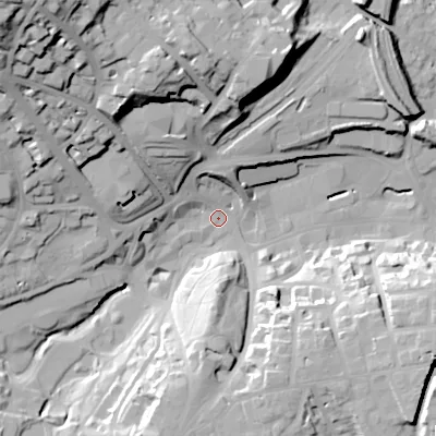 Shaded relief map of the ground around SK176AL, computed from Environment Agency LiDAR. The ground here sits at about 290 m above sea level and falls 57 m across the surrounding 800 m. Surface water reaching this point runs off ground lying to the north-west, 51.8 m higher.