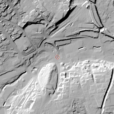 Shaded relief map of the ground around SK176AS, computed from Environment Agency LiDAR. The ground here sits at about 289 m above sea level and falls 50 m across the surrounding 800 m. Surface water reaching this point runs off ground lying to the north-west, 47.2 m higher.