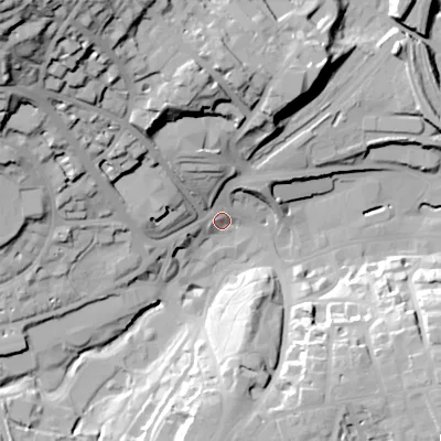 Shaded relief map of the ground around SK176AT, computed from Environment Agency LiDAR. The ground here sits at about 293 m above sea level and falls 65 m across the surrounding 800 m. Surface water reaching this point runs off ground lying to the north-west, 60.7 m higher.