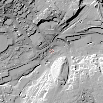 Shaded relief map of the ground around SK176AY, computed from Environment Agency LiDAR. The ground here sits at about 291 m above sea level and falls 62 m across the surrounding 800 m. Surface water reaching this point runs off ground lying to the north-west, 56.3 m higher.