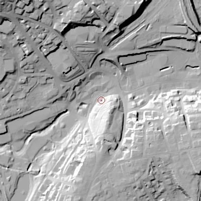 Shaded relief map of the ground around SK176BH, computed from Environment Agency LiDAR. The ground here sits at about 291 m above sea level and falls 50 m across the surrounding 800 m. Surface water reaching this point runs off ground lying to the north-west, 41.4 m higher.