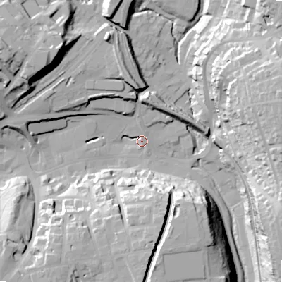 Shaded relief map of the ground around SK176BS, computed from Environment Agency LiDAR. The ground here sits at about 287 m above sea level and falls 42 m across the surrounding 800 m. Surface water reaching this point runs off ground lying to the west-north-west, 34.7 m higher.