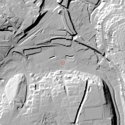 Shaded relief map of the ground around SK176BW, computed from Environment Agency LiDAR. The ground here sits at about 287 m above sea level and falls 40 m across the surrounding 800 m. Surface water reaching this point runs off ground lying to the north-west, 37.2 m higher.