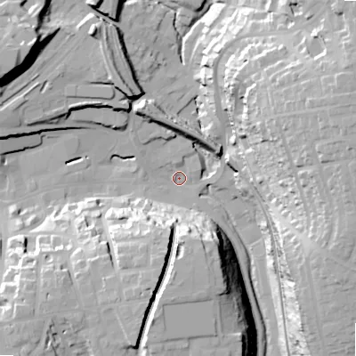 Shaded relief map of the ground around SK176BX, computed from Environment Agency LiDAR. The ground here sits at about 285 m above sea level and falls 43 m across the surrounding 800 m. Surface water reaching this point runs off ground lying to the south, 30.6 m higher.