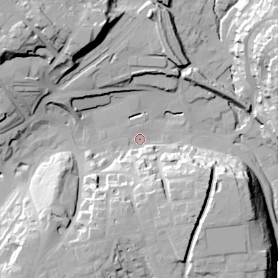 Shaded relief map of the ground around SK176BZ, computed from Environment Agency LiDAR. The ground here sits at about 288 m above sea level and falls 40 m across the surrounding 800 m. Surface water reaching this point runs off ground lying to the north-west, 34.4 m higher.