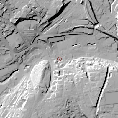 Shaded relief map of the ground around SK176DE, computed from Environment Agency LiDAR. The ground here sits at about 290 m above sea level and falls 45 m across the surrounding 800 m. Surface water reaching this point runs off ground lying to the north-west, 40.8 m higher.