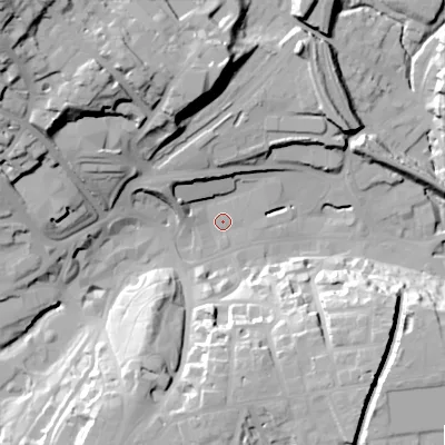 Shaded relief map of the ground around SK176DF, computed from Environment Agency LiDAR. The ground here sits at about 289 m above sea level and falls 50 m across the surrounding 800 m. Surface water reaching this point runs off ground lying to the north-west, 45.7 m higher.