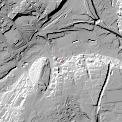 Shaded relief map of the ground around SK176DH, computed from Environment Agency LiDAR. The ground here sits at about 293 m above sea level and falls 42 m across the surrounding 800 m. Surface water reaching this point runs off ground lying to the south, 19.9 m higher.