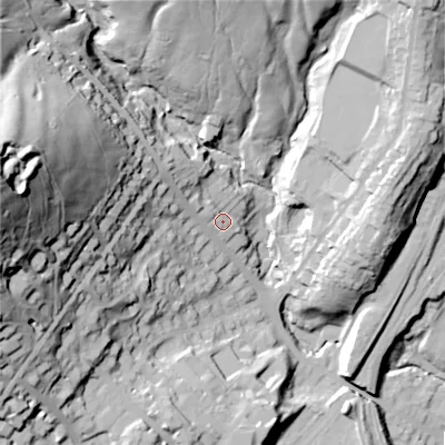 Shaded relief map of the ground around SK176RW, computed from Environment Agency LiDAR. The ground here sits at about 308 m above sea level and falls 93 m across the surrounding 800 m. Surface water reaching this point runs off ground lying to the west-north-west, 7.0 m higher.