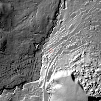 Shaded relief map of the ground around SK176TY, computed from Environment Agency LiDAR. The ground here sits at about 333 m above sea level and falls 101 m across the surrounding 800 m. Surface water reaching this point runs off ground lying to the south-south-east, 13.6 m higher.