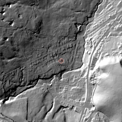 Shaded relief map of the ground around SK176UA, computed from Environment Agency LiDAR. The ground here sits at about 341 m above sea level and falls 87 m across the surrounding 800 m. Surface water reaching this point runs off ground lying to the west, 22.5 m higher.