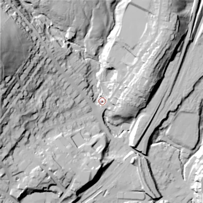 Shaded relief map of the ground around SK177AL, computed from Environment Agency LiDAR. The ground here sits at about 300 m above sea level and falls 72 m across the surrounding 800 m. Surface water reaching this point runs off ground lying to the west-north-west, 60.7 m higher.