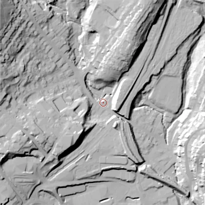 Shaded relief map of the ground around SK177AN, computed from Environment Agency LiDAR. The ground here sits at about 296 m above sea level and falls 57 m across the surrounding 800 m. Surface water reaching this point runs off ground lying to the west, 14.0 m higher.