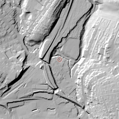 Shaded relief map of the ground around SK177AR, computed from Environment Agency LiDAR. The ground here sits at about 290 m above sea level and falls 43 m across the surrounding 800 m. Surface water reaching this point runs off ground lying to the north, 39.6 m higher.