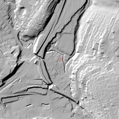 Shaded relief map of the ground around SK177AY, computed from Environment Agency LiDAR. The ground here sits at about 290 m above sea level and falls 43 m across the surrounding 800 m. Surface water reaching this point runs off ground lying to the south-west, 16.1 m higher.