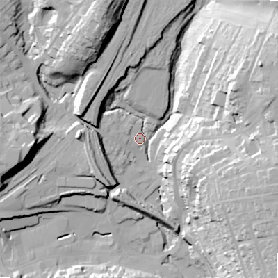 Shaded relief map of the ground around SK177AZ, computed from Environment Agency LiDAR. The ground here sits at about 289 m above sea level and falls 43 m across the surrounding 800 m. Surface water reaching this point runs off ground lying to the south-west, 16.1 m higher.