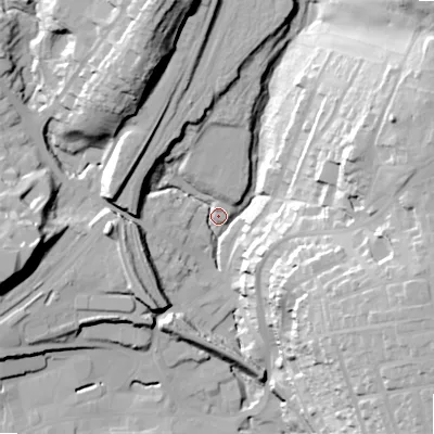 Shaded relief map of the ground around SK177BA, computed from Environment Agency LiDAR. The ground here sits at about 289 m above sea level and falls 43 m across the surrounding 800 m. Surface water reaching this point runs off ground lying to the south-west, 15.8 m higher.