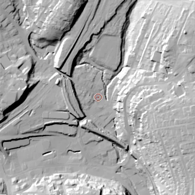 Shaded relief map of the ground around SK177BB, computed from Environment Agency LiDAR. The ground here sits at about 289 m above sea level and falls 44 m across the surrounding 800 m. Surface water reaching this point runs off ground lying to the north-east, 41.5 m higher.