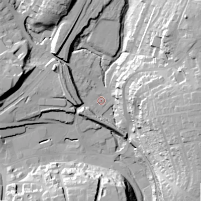 Shaded relief map of the ground around SK177BD, computed from Environment Agency LiDAR. The ground here sits at about 289 m above sea level and falls 44 m across the surrounding 800 m. Surface water reaching this point runs off ground lying to the east, 38.8 m higher.