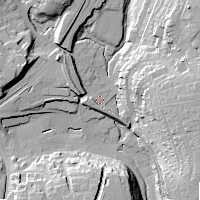 Shaded relief map of the ground around SK177BG, computed from Environment Agency LiDAR. The ground here sits at about 290 m above sea level and falls 44 m across the surrounding 800 m. Surface water reaching this point runs off ground lying to the east, 38.8 m higher.