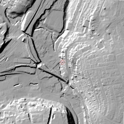 Shaded relief map of the ground around SK177BP, computed from Environment Agency LiDAR. The ground here sits at about 291 m above sea level and falls 44 m across the surrounding 800 m. Surface water reaching this point runs off ground lying to the east, 38.8 m higher.