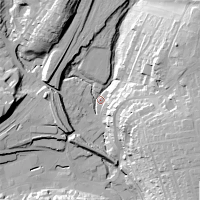 Shaded relief map of the ground around SK177BQ, computed from Environment Agency LiDAR. The ground here sits at about 289 m above sea level and falls 43 m across the surrounding 800 m. Surface water reaching this point runs off ground lying to the north-east, 41.5 m higher.