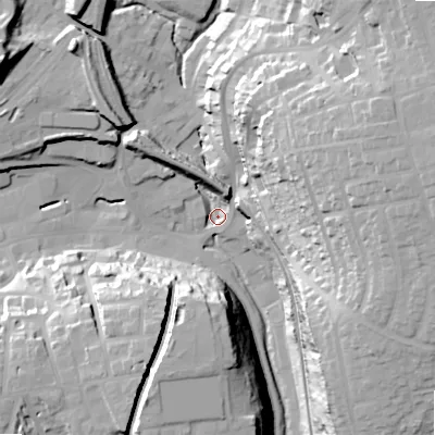 Shaded relief map of the ground around SK177DJ, computed from Environment Agency LiDAR. The ground here sits at about 285 m above sea level and falls 44 m across the surrounding 800 m. Surface water reaching this point runs off ground lying to the east-north-east, 41.9 m higher.