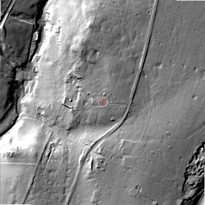 Shaded relief map of the ground around SK177HW, computed from Environment Agency LiDAR. The ground here sits at about 336 m above sea level and falls 47 m across the surrounding 800 m. Surface water reaching this point runs off ground lying to the north-north-east, 7.2 m higher.