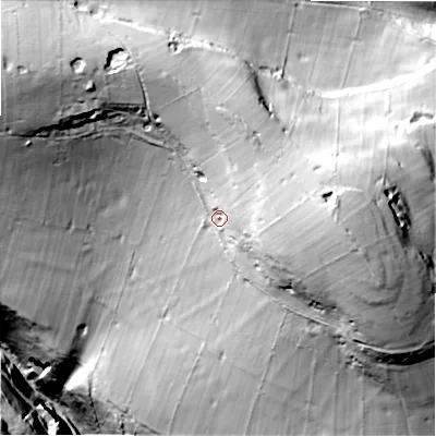 Shaded relief map of the ground around SK177JH, computed from Environment Agency LiDAR. The ground here sits at about 326 m above sea level and falls 93 m across the surrounding 800 m. Surface water reaching this point runs off ground lying to the east, 26.1 m higher.