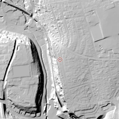 Shaded relief map of the ground around SK177TW, computed from Environment Agency LiDAR. The ground here sits at about 317 m above sea level and falls 47 m across the surrounding 800 m. Surface water reaching this point runs off ground lying to the east-north-east, 2.3 m higher.