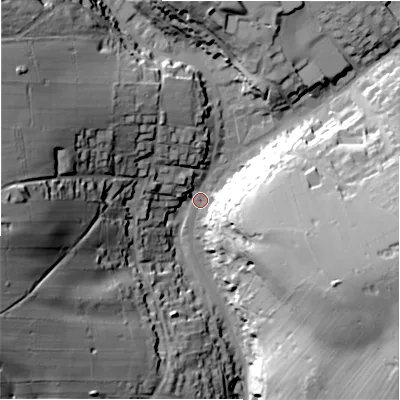 Shaded relief map of the ground around SK178JT, computed from Environment Agency LiDAR. The ground here sits at about 287 m above sea level and falls 62 m across the surrounding 800 m. Surface water reaching this point runs off ground lying to the west-north-west, 46.8 m higher.