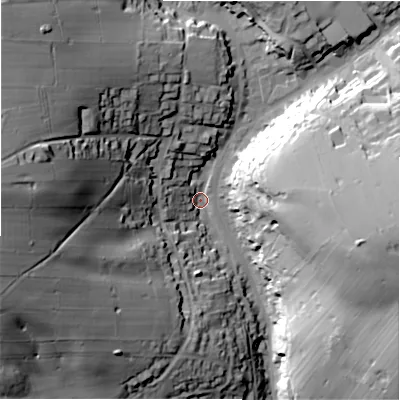 Shaded relief map of the ground around SK178JX, computed from Environment Agency LiDAR. The ground here sits at about 286 m above sea level and falls 68 m across the surrounding 800 m. Surface water reaching this point runs off ground lying to the west, 58.9 m higher.