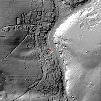 Shaded relief map of the ground around SK178JZ, computed from Environment Agency LiDAR. The ground here sits at about 285 m above sea level and falls 69 m across the surrounding 800 m. Surface water reaching this point runs off ground lying to the west-north-west, 57.4 m higher.