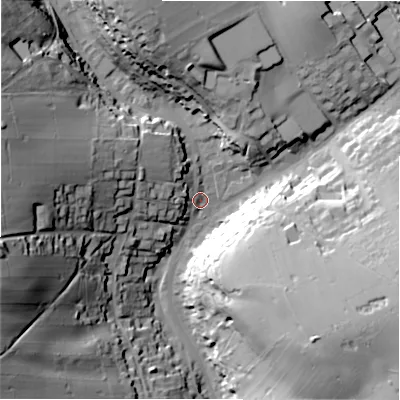 Shaded relief map of the ground around SK178LE, computed from Environment Agency LiDAR. The ground here sits at about 291 m above sea level and falls 55 m across the surrounding 800 m. Surface water reaching this point runs off ground lying to the west-north-west, 40.1 m higher.