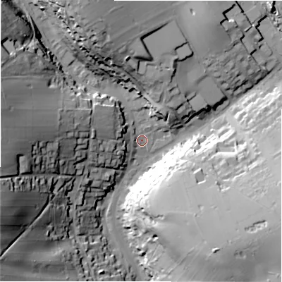 Shaded relief map of the ground around SK178LF, computed from Environment Agency LiDAR. The ground here sits at about 291 m above sea level and falls 52 m across the surrounding 800 m. Surface water reaching this point runs off ground lying to the west-north-west, 37.9 m higher.