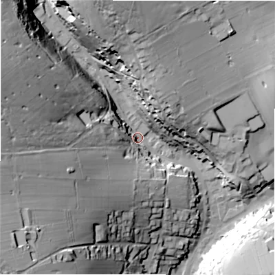 Shaded relief map of the ground around SK178LL, computed from Environment Agency LiDAR. The ground here sits at about 299 m above sea level and falls 64 m across the surrounding 800 m. Surface water reaching this point runs off ground lying to the west, 50.1 m higher.