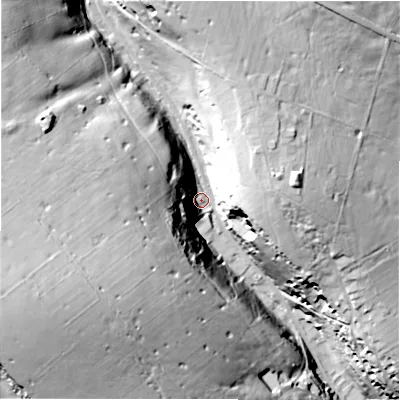 Shaded relief map of the ground around SK178LN, computed from Environment Agency LiDAR. The ground here sits at about 310 m above sea level and falls 72 m across the surrounding 800 m. Surface water reaching this point runs off ground lying to the west-south-west, 61.0 m higher.