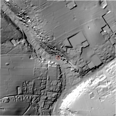 Shaded relief map of the ground around SK178LQ, computed from Environment Agency LiDAR. The ground here sits at about 295 m above sea level and falls 56 m across the surrounding 800 m. Surface water reaching this point runs off ground lying to the west-south-west, 40.4 m higher.