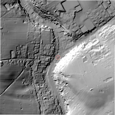 Shaded relief map of the ground around SK178NT, computed from Environment Agency LiDAR. The ground here sits at about 289 m above sea level and falls 58 m across the surrounding 800 m. Surface water reaching this point runs off ground lying to the west-north-west, 43.0 m higher.