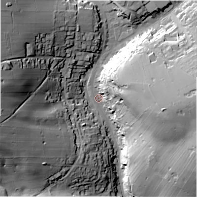 Shaded relief map of the ground around SK178PF, computed from Environment Agency LiDAR. The ground here sits at about 285 m above sea level and falls 65 m across the surrounding 800 m. Surface water reaching this point runs off ground lying to the north-west, 48.9 m higher.