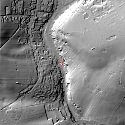 Shaded relief map of the ground around SK178PG, computed from Environment Agency LiDAR. The ground here sits at about 282 m above sea level and falls 62 m across the surrounding 800 m. Surface water reaching this point runs off ground lying to the west-north-west, 49.4 m higher.