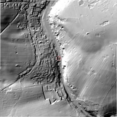 Shaded relief map of the ground around SK178PQ, computed from Environment Agency LiDAR. The ground here sits at about 281 m above sea level and falls 68 m across the surrounding 800 m. Surface water reaching this point runs off ground lying to the north-west, 52.2 m higher.
