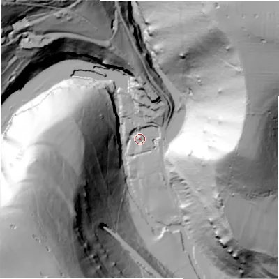 Shaded relief map of the ground around SK178SA, computed from Environment Agency LiDAR. The ground here sits at about 173 m above sea level and falls 170 m across the surrounding 800 m. Surface water reaching this point runs off ground lying to the north, 29.8 m higher.