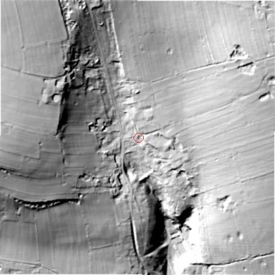 Shaded relief map of the ground around SK178SL, computed from Environment Agency LiDAR. The ground here sits at about 322 m above sea level and falls 67 m across the surrounding 800 m. Surface water reaching this point runs off ground lying to the north, 22.5 m higher.