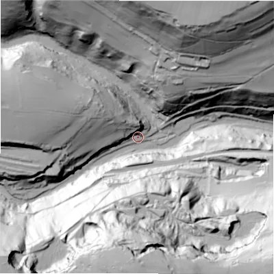 Shaded relief map of the ground around SK178SN, computed from Environment Agency LiDAR. The ground here sits at about 197 m above sea level and falls 150 m across the surrounding 800 m. Surface water reaching this point runs off ground lying to the south, 145.8 m higher.