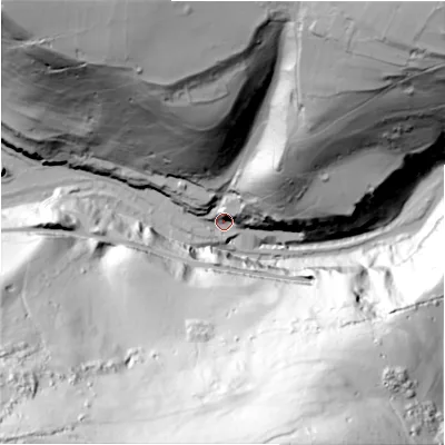 Shaded relief map of the ground around SK178SW, computed from Environment Agency LiDAR. The ground here sits at about 188 m above sea level and falls 165 m across the surrounding 800 m. Surface water reaching this point runs off ground lying to the north-north-west, 107.9 m higher.